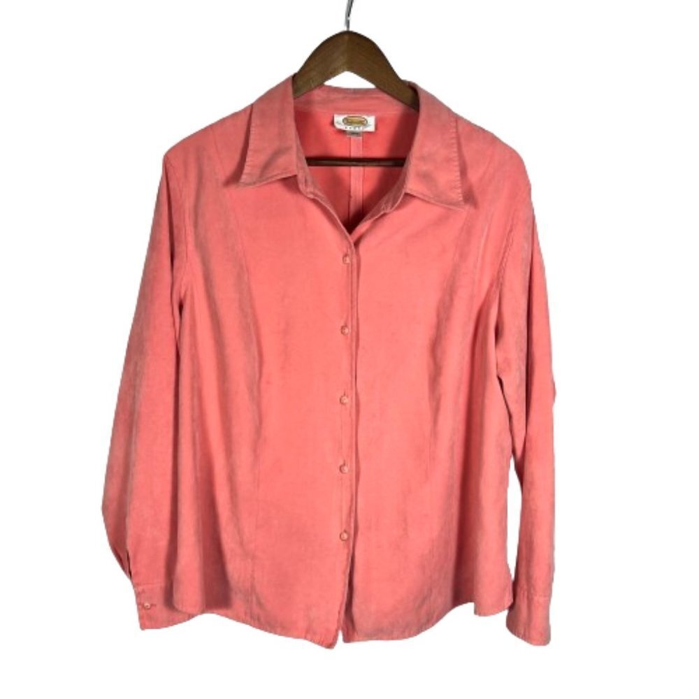Talbots Womens Long Sleeve Button Up Shirt Plus Size 1X Coral Micro Suede Casual